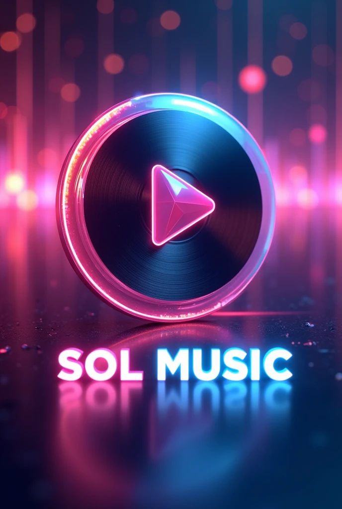 Play button with glowing background representing music, and the words "Sol Music" (capitalized) below the play button