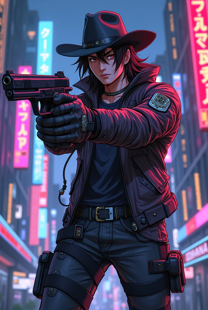 (anime style hand drawing), cyberpunk cyborg cowboy pointing a gun in front
(pistol),
neon ligths