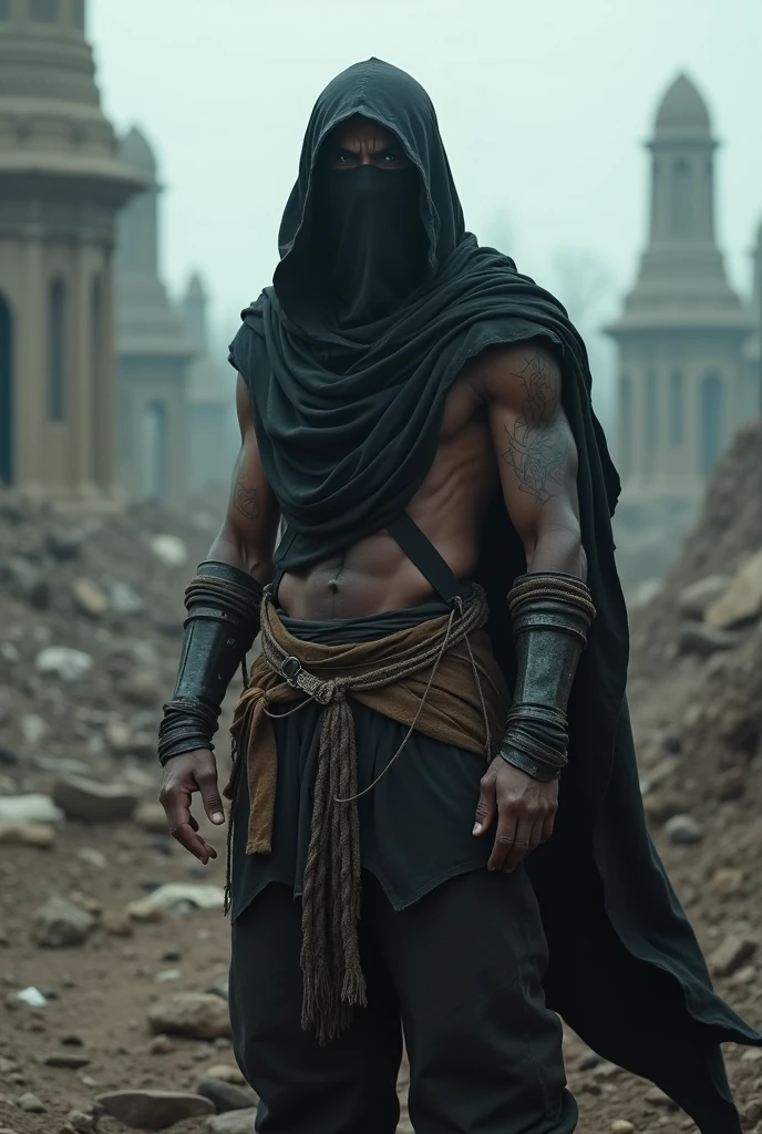 A warrior hidding himself with ancient cloth with no weapon improve it, make warrior most powerful
Make face using mask
Make brownish fair skin tone
Make it Indian
Stand him in post war
Age 24 to 25
Make him mysterious
Black cloth