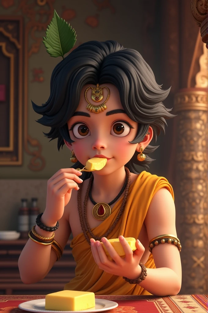 Create an 3d anime realistic image of Sri Krishna eating butter in a room 