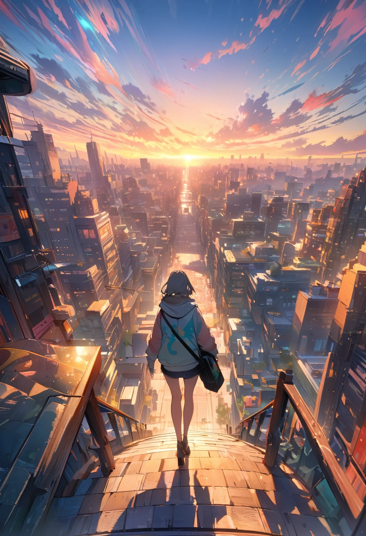 Create exquisite illustrations reminiscent of Makoto Shinkai's style, It has ultra-fine details and top-notch quality. angelic, detailed woman who is walking, woman wearing hoodie, highest billding in city, road, sunrise, horizon, skyline, in the sky, city of clouds, colorful, high-res, 8K