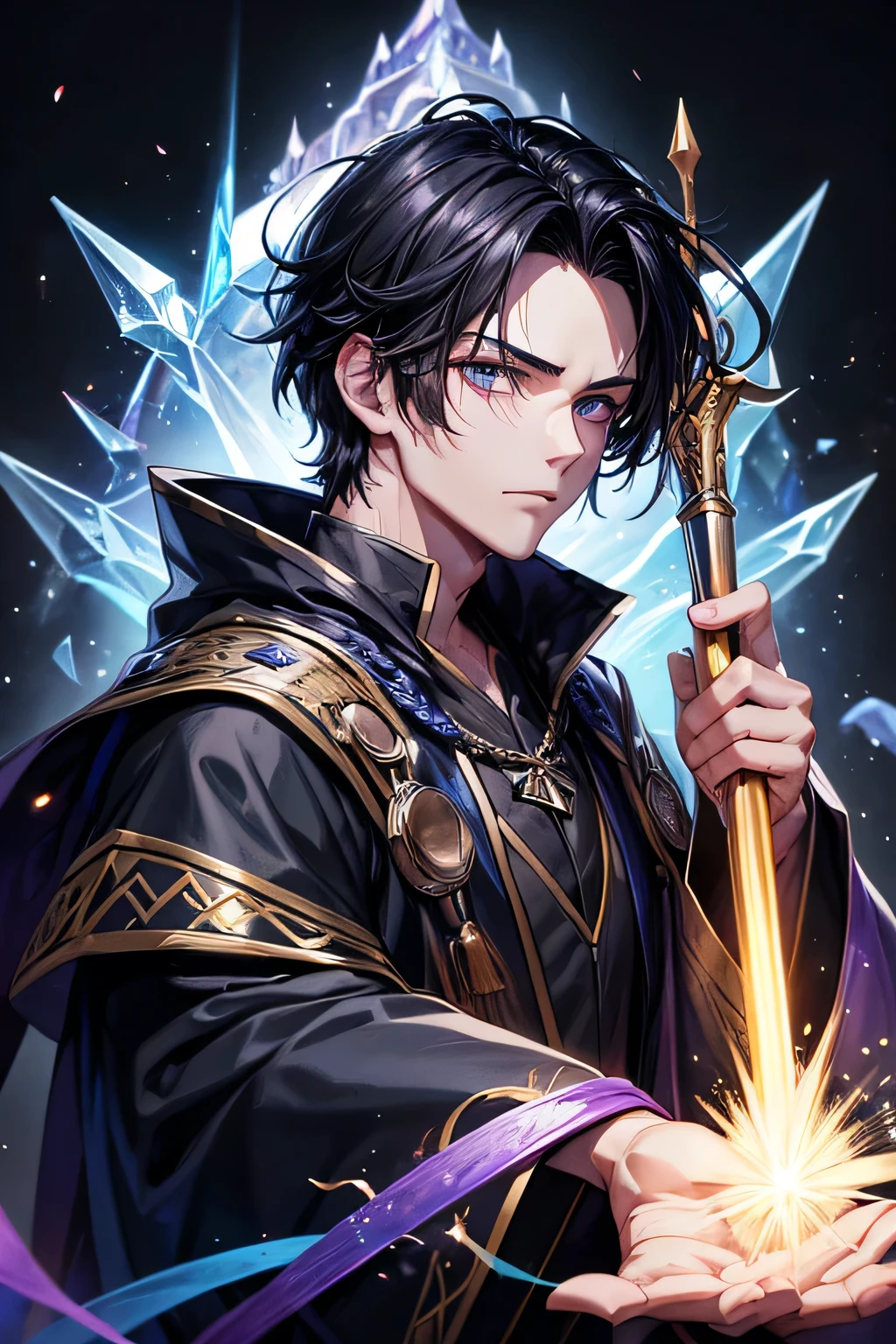 a handsome guy、wizard、Man in his 20s、Wizard Robe、crystal、magic wand、evil atmosphere、Black short-haired、long sleeve、Uplifting、High resolution、in 8K、sharp focus、zoom、with the best image quality