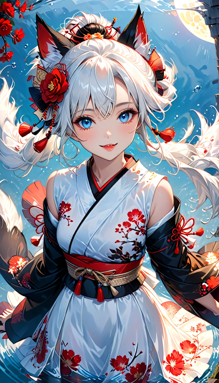 Ink painting, (((1 girl))), (((Tattoo in the middle of the forehead))),(((In the background is the Akatsuki moon))), (((Oiran))), (((Great hair accessories))), Demon possession, ((Masterpiece:1.2)), ((Highest quality)), Extremely detailed and delicate illustration style, Detailed leather texture, Detailed canvas texture, Very detailed description, (Masterpiece T), Extremely beautiful illustration, Highly detailed face, Raw image, professional, Ultra-high resolution panel, Complex details, Superior detail, Intricate decoration details, Perfect anatomy, real, (Very beautiful and cute black and white colored fox woman or girl with blue eyes wearing kimono), ((آذان الثعلب black hair, White hair, multicolor, the beautiful)), (Beautiful black and white colored fox tail), (black hair, White evil, Beautiful and shiny), (((She has claws on her hands.))), (((She has long fangs.))), (Beautiful and clear blue eyes), (Beautiful detailed eyes:1.6), (Traditional black and white detailed costume), Front view, White flower kimono, Black white colorful hakama long skirt, A maxi skirt, Modestly dressed, He smiles, ((Standing and looking at me)), ((The day)), (Extremely detailed and beautiful Japanese temple construction), (8K Highest quality wallpaper), (Extremely detailed and delicate background). girl swimming underwater,Very detailed presentation style,It shines,Red Rose,light blue,brushwork,Ultra Realistic Oil Painting,Bright eyes,Head up close,Exaggerated perspective,influence ,