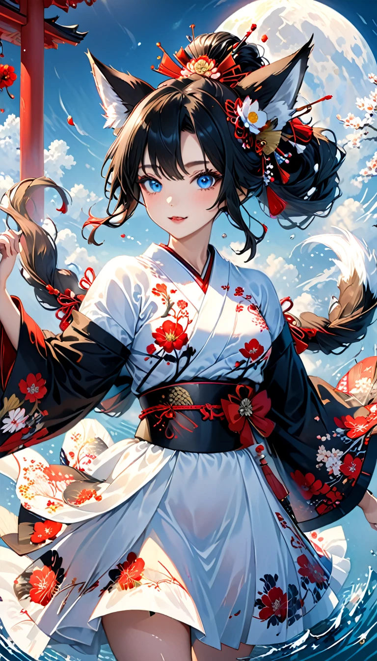 Ink painting, (((1 girl))), (((Tattoo in the middle of the forehead))),(((In the background is the Akatsuki moon))), (((Oiran))), (((Great hair accessories))), Demon possession, ((Masterpiece:1.2)), ((Highest quality)), Extremely detailed and delicate illustration style, Detailed leather texture, Detailed canvas texture, Very detailed description, (Masterpiece T), Extremely beautiful illustration, Highly detailed face, Raw image, professional, Ultra-high resolution panel, Complex details, Superior detail, Intricate decoration details, Perfect anatomy, real, (Very beautiful and cute black and white colored fox woman or girl with blue eyes wearing kimono), ((آذان الثعلب black hair, White hair, multicolor, the beautiful)), (Beautiful black and white colored fox tail), (black hair, White evil, Beautiful and shiny), (((She has claws on her hands.))), (((She has long fangs.))), (Beautiful and clear blue eyes), (Beautiful detailed eyes:1.6), (Traditional black and white detailed costume), Front view, White flower kimono, Black white colorful hakama long skirt, A maxi skirt, Modestly dressed, He smiles, ((Standing and looking at me)), ((The day)), (Extremely detailed and beautiful Japanese temple construction), (8K Highest quality wallpaper), (Extremely detailed and delicate background). girl swimming underwater,Very detailed presentation style,It shines,Red Rose,light blue,brushwork,Ultra Realistic Oil Painting,Bright eyes,Head up close,Exaggerated perspective,influence ,