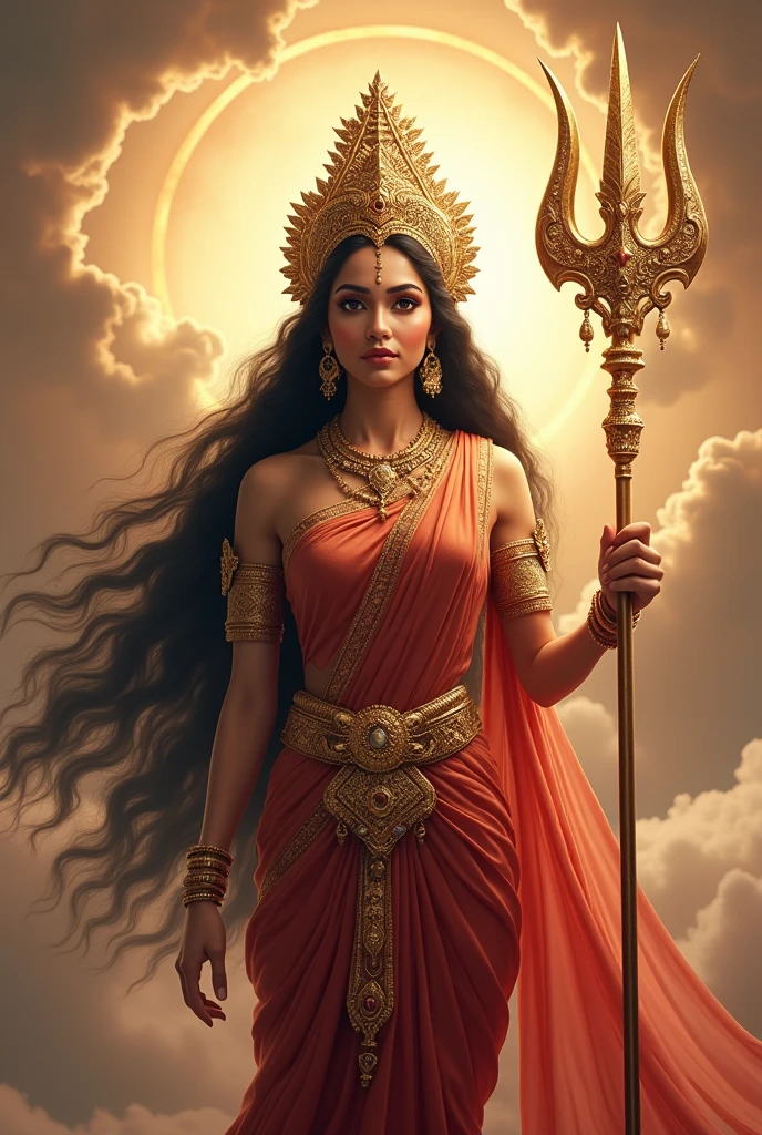 "Create an ultra-realistic image of Goddess Durga holding a majestic trident, emphasizing her divine power and extraordinary beauty. Durga should be depicted with flawless, glowing skin and an expression of serene authority. Her face should be stunningly beautiful, with large, expressive eyes that radiate both compassion and strength, a perfectly shaped nose, and full, confident lips.

Her long, flowing black hair should cascade around her shoulders, partially adorned with a richly detailed golden crown set with precious gemstones. She should wear a resplendent saree in vibrant colors, such as deep red and gold, with intricate embroidery that shimmers with divine light. 

In her hand, she holds a large, elaborately designed trident, its shaft adorned with intricate carvings and symbols, with the trident's tips gleaming with a celestial glow. The trident should appear heavy and powerful, symbolizing her role as the vanquisher of evil.

The background should be a celestial scene with swirling clouds, radiant light, and a sense of divine energy emanating from her. The image should capture the dual aspects of Goddess Durga's nature—her divine beauty and her formidable power—with the trident serving as a central symbol of her strength."