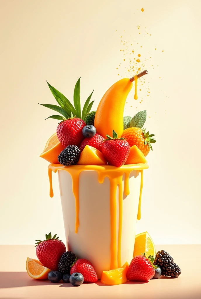 creative fruits advertisement with a drip and a cup full of life and happiness