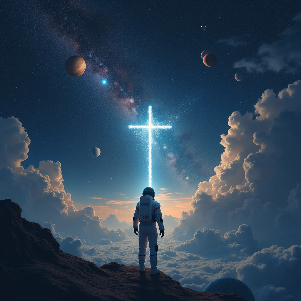 A cross, in outer space, constellations, stars , planets , an astronaut