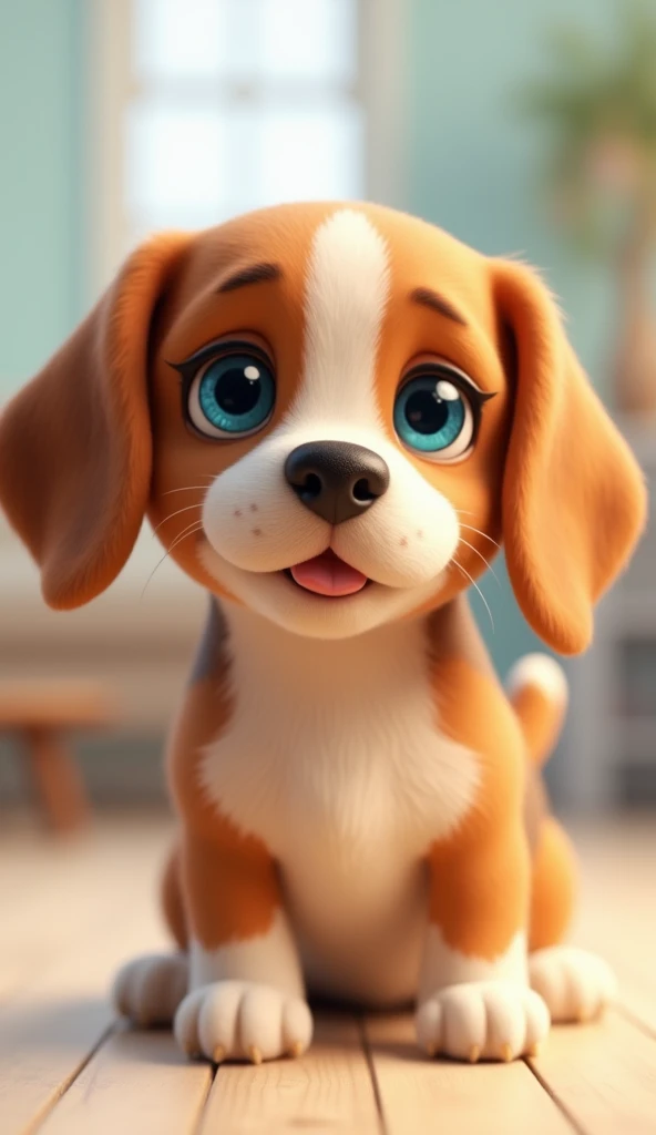 Cute brown dog, beagle、Looking at this、With lop-eared, 3D Pixar Style, Blue Eyes、It would be even better if it could recognize faces.、A little clever