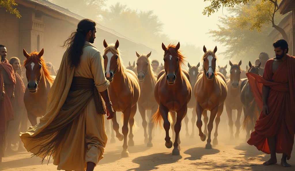 A week later, the horse returned, bringing with it a group of wild horses. Now, Arjun had not just one horse, but a whole herd. The villagers were amazed and said how lucky he was. Arjun, however, just nodded and repeated, “Everything happens for a reason.”