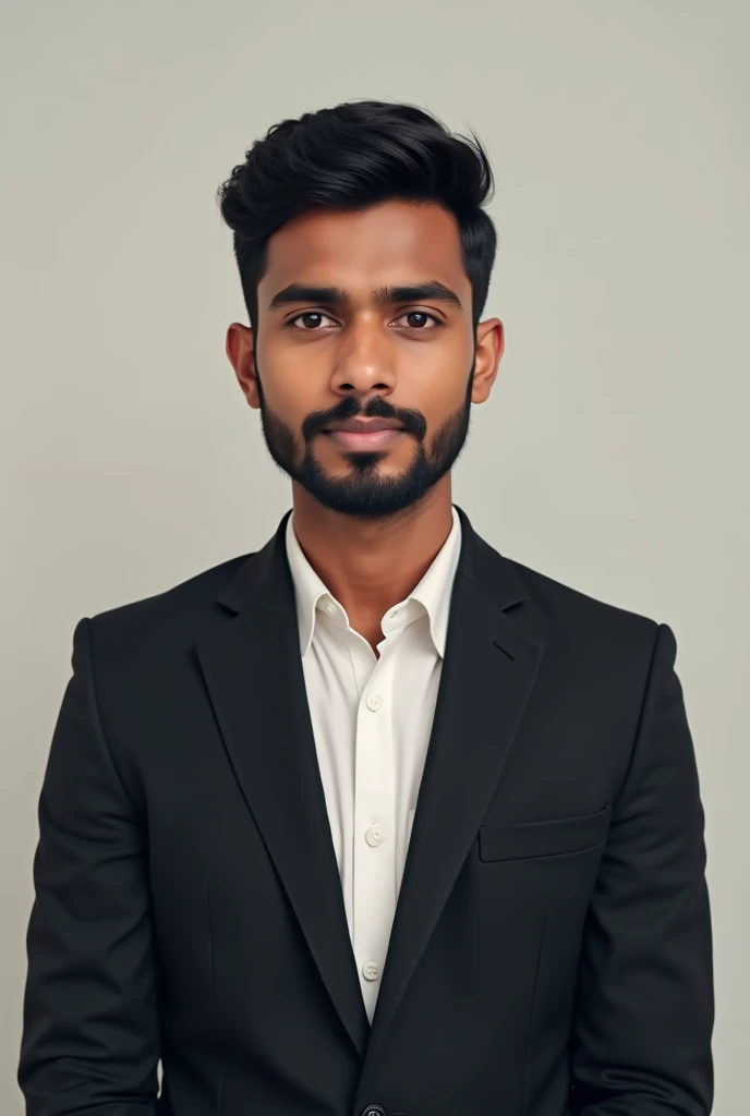 A young man same black color skin dressed in a black blazer over a white shirts light beard , short hair style Bangladeshi and color  black and black eye for passport size picture. 