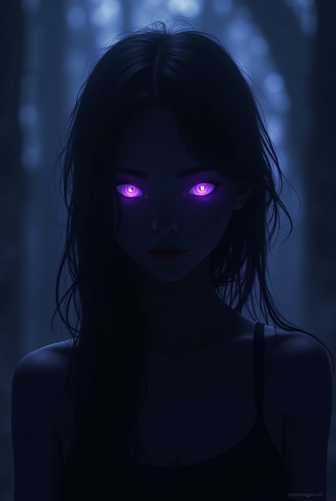 Let it be like a book cover, where you only see the silhouette of a girl and her purple eyes shining in the dark, let it be hyperrealistic.