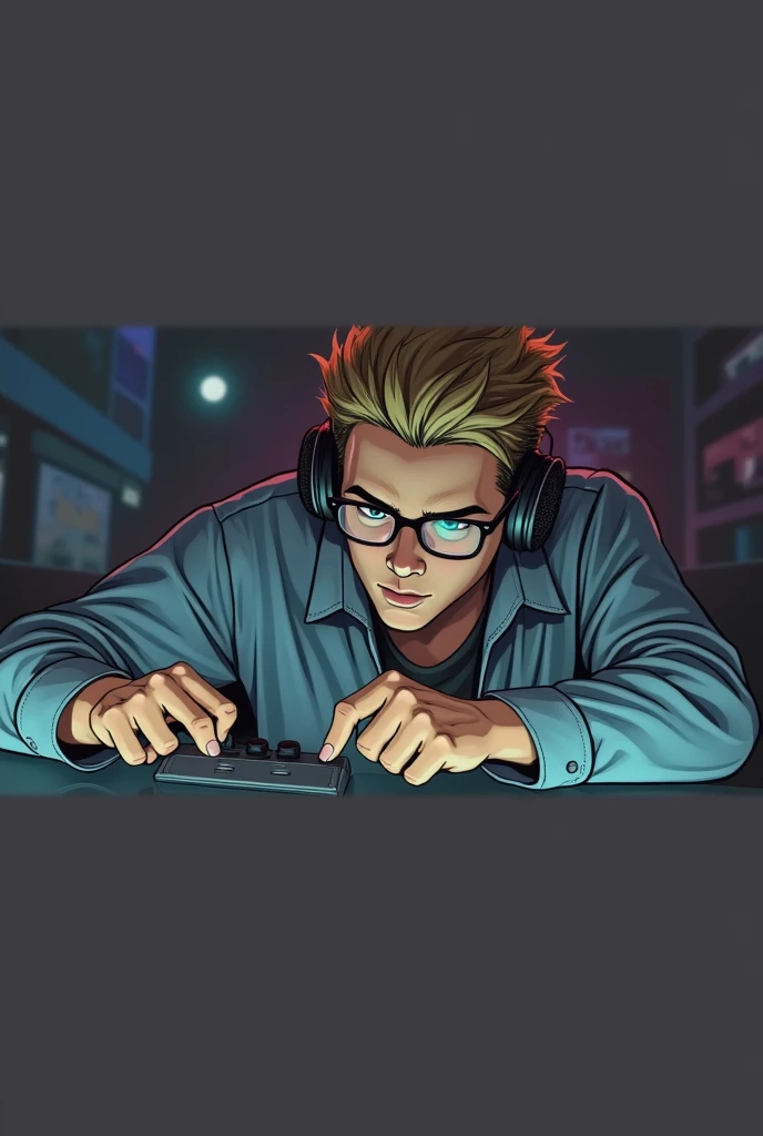 DC Comics style image, 20 year old nerdy man, blonde with messy hair and glasses wearing headsets and with joystick in hand