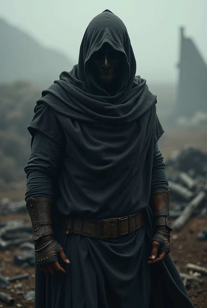 A warrior hidding himself with ancient cloth with no weapon  improve it, make warrior most powerful 
Make face using mask
Make brownish fair skin tone
Make it Indian
Stand him in post war
Age 24 to 25
Make him mysterious 
Black cloth 
Don't show body