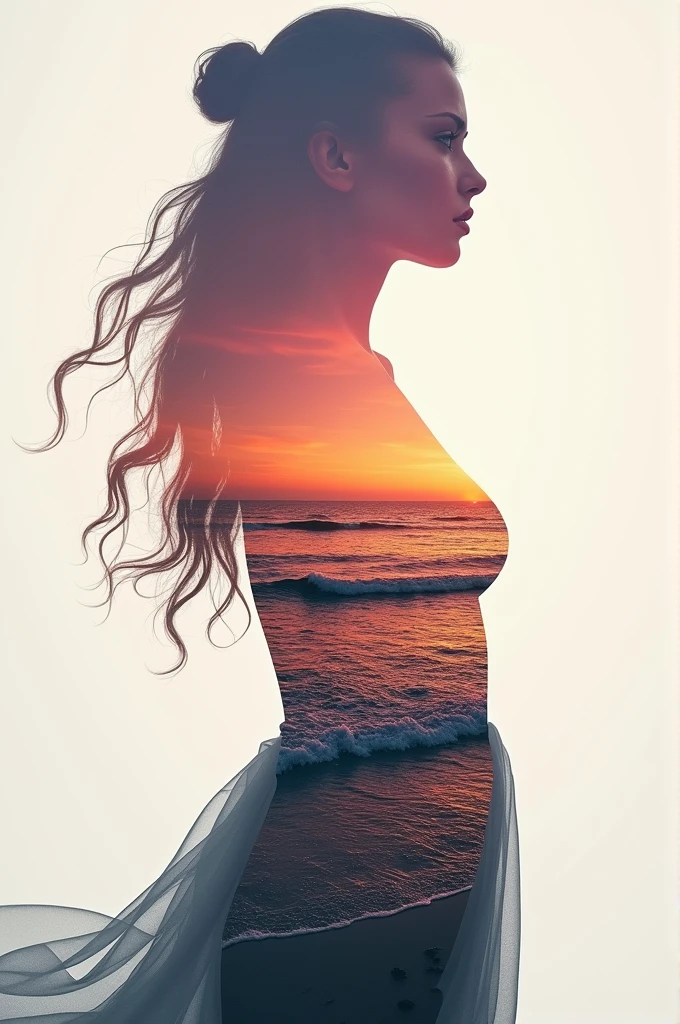 high quality, 8K Ultra HD, A beautiful double exposure that combines an goddess silhouette with sunset coast, sunset coast should serve as the underlying backdrop, with its details incorporated into the goddess , crisp lines, The background is monochrome, sharp focus, double exposure, by yukisakura, awesome full color,