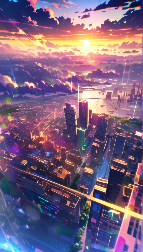sunrise, bright, After the Rain, horizon, In the sky, city , Lens flare, colorful, High resolution, 8k