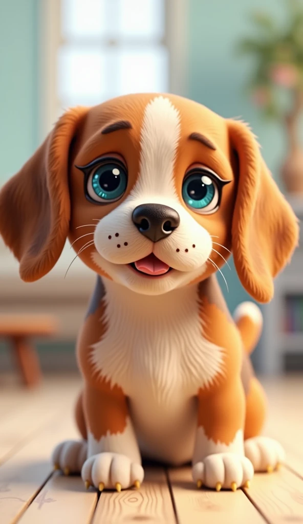 Cute brown dog, beagle、Looking at this、With lop-eared, 3D Pixar Style, Blue Eyes、It would be even better if it could recognize faces.、A little clever