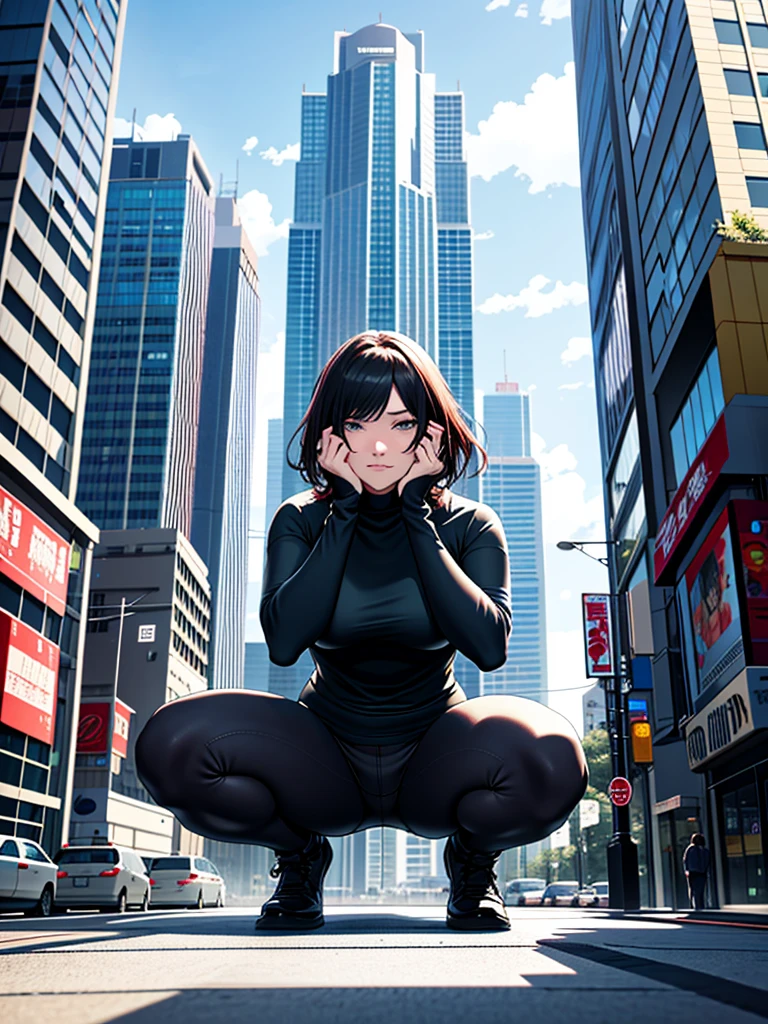 Giant Woman、In a city building、Crouching shyly