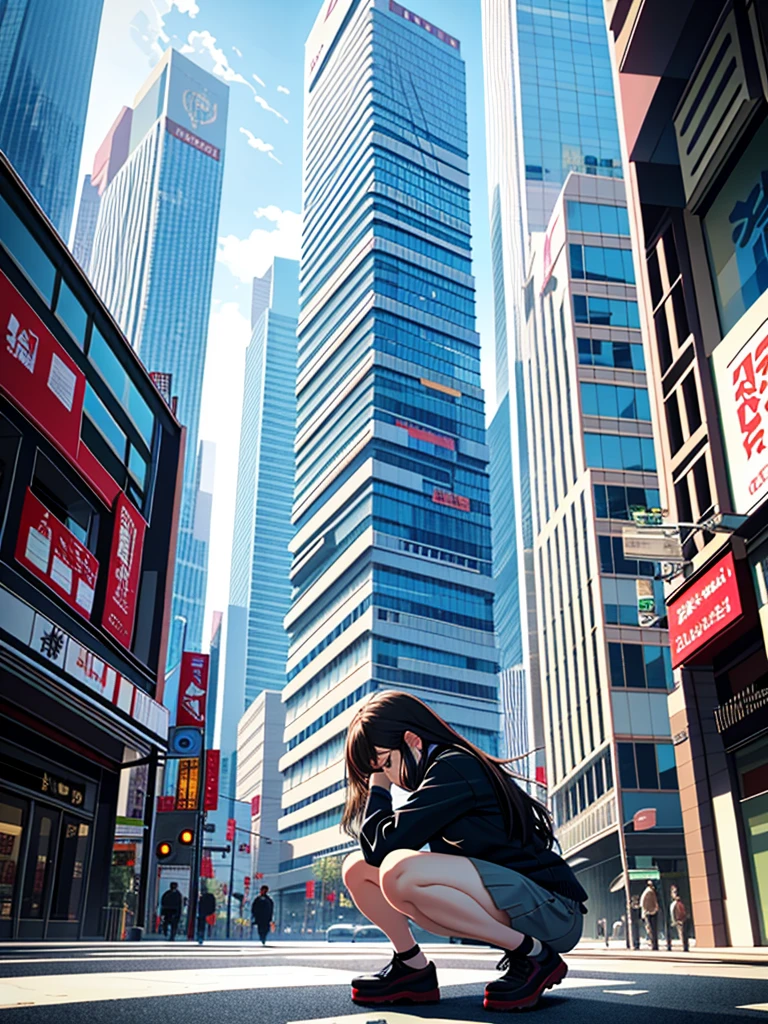 Giant Woman、In a city building、Crouching shyly