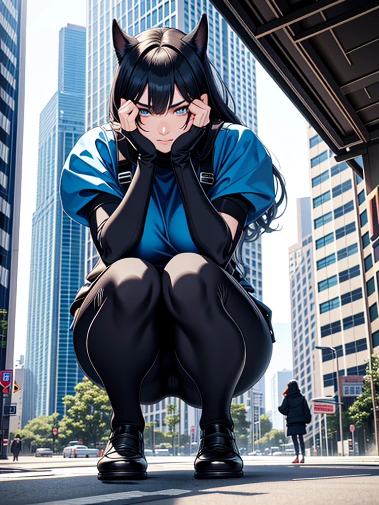 Giant Woman、In a city building、Crouching shyly