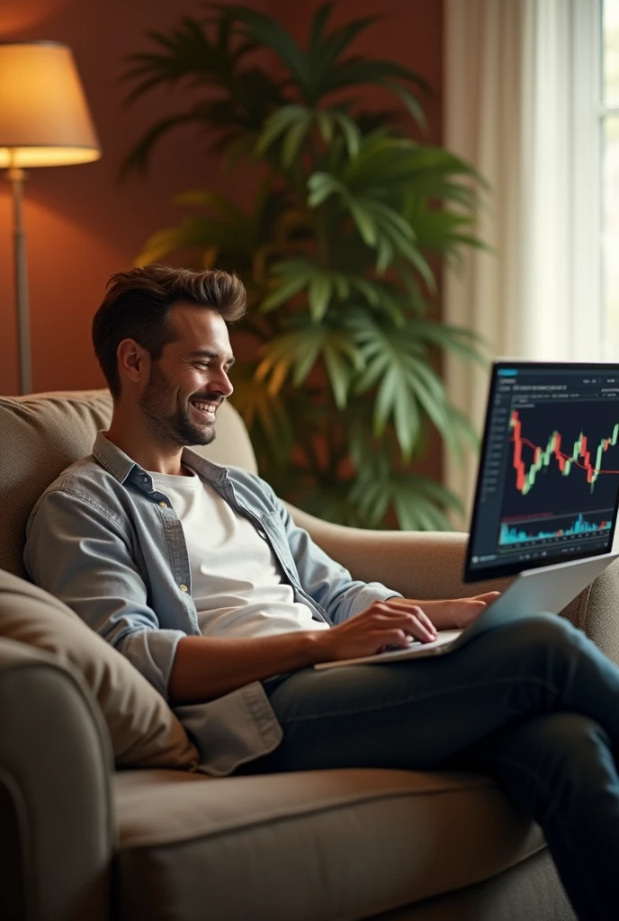 How beginner start share market related to this a healthy man happily sit on the sofa and do trading with computer trading