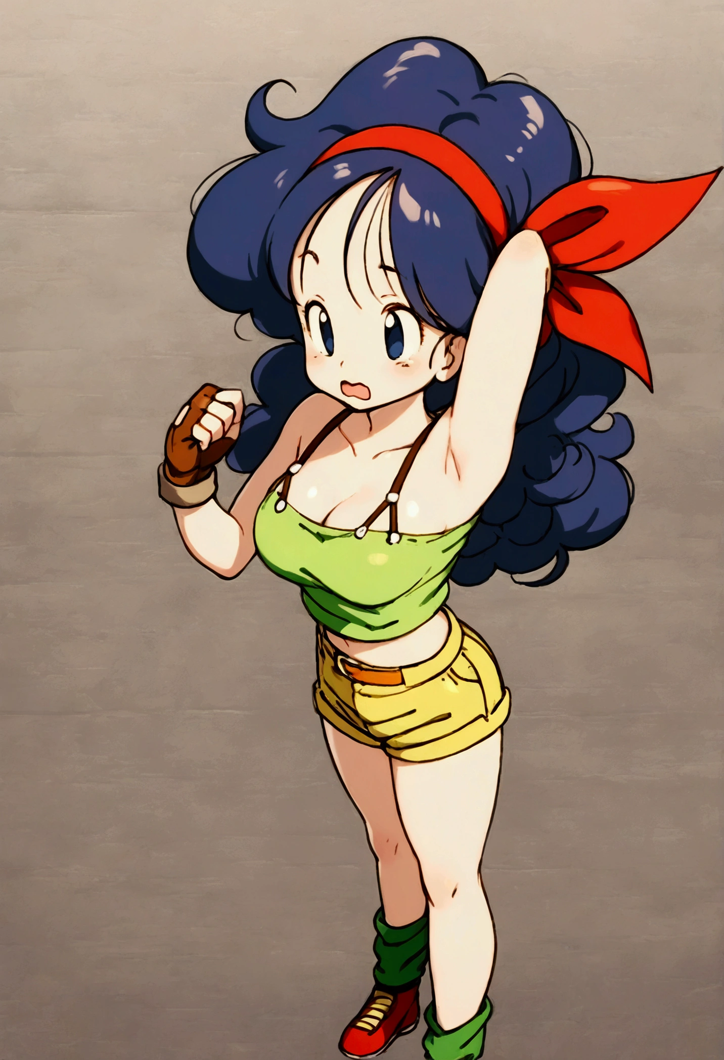 score_9, score_8_up, score_7_up,score_6, score_5, score_4,BREAK ,(breast focus:1.5),from above, from side, front view.standing,(upperbody:1),1girl, launch good, blue eyes, blue hair, long hair, curly hair, wide open mouth, yawning,leaning backward, armpit, wavy mouth, ribbon, red hairband, fingerless gloves, brown gloves, green crop top, short shorts, yellow shorts, green legwear, red footwear, big breasts, cleavage, collarbone, sad eyebrows, very sleepy eyes, frown,anime style, key visual, vibrant, studio anime,highly detailed,masterpiece, best quality,
best aestethic, absurdres,cinematic lighting,(cell anime)