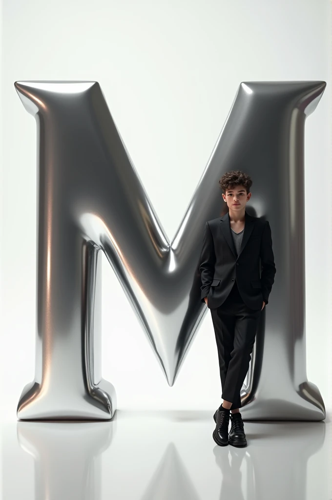 Create an image featuring a large, glossy, “M” 3D letter in the foreground with a boy leaning casually against it. The person should be dressed in stylish, monochromatic clothing and have a confident