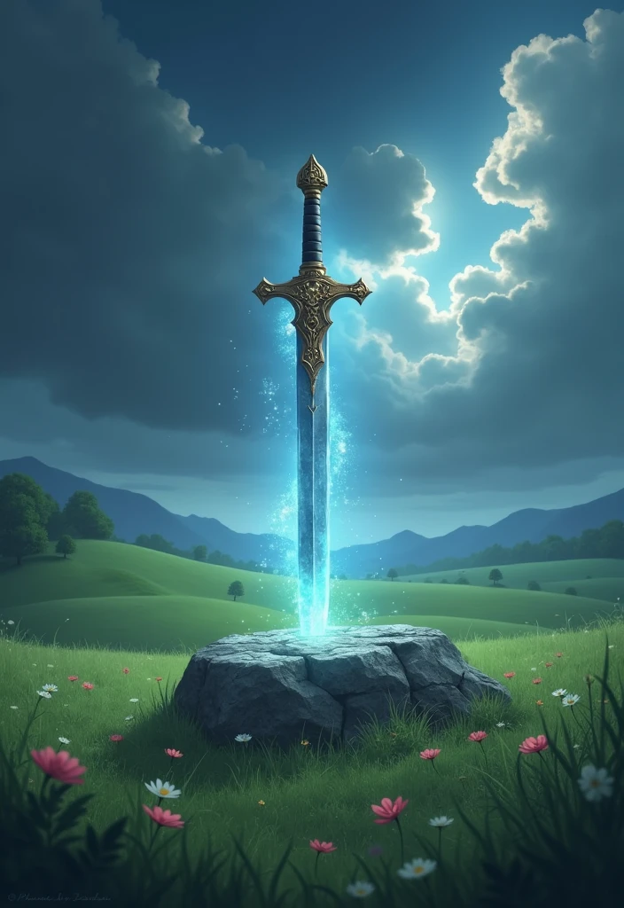 masterpiece、Highest quality、Very detailed、Ultra-high resolution、grassland、blue sky、Sword stuck in a rock、The shining aura of truth