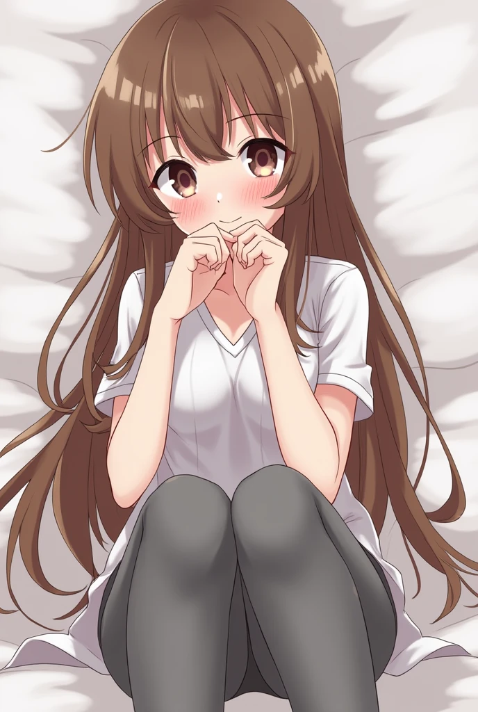 Japanese girl with long brown hair, cameltoe in grey leggings
