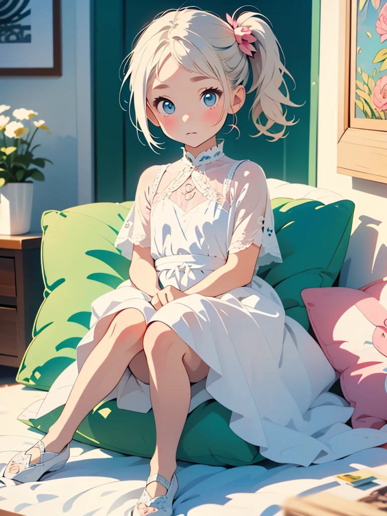 watercolor, (extremely detailed fine touch:1.3), ///, girl, avatar icon, kawaii simple background, (kawaii chibi girl:1.3), light blonde short hair, (forehead visible bangs:1.3), (side ponytail:1.3), white shirt, cel shading, (bold outlines):1.2, flat colors, sharp shadows, girl's room, window, lace curtains, (pink cushion:1.3), (white thick outline:1.6), (full body:1.3), (picture book:1.3), (zentangle:1.3), Renaissance, (flower:1.3)