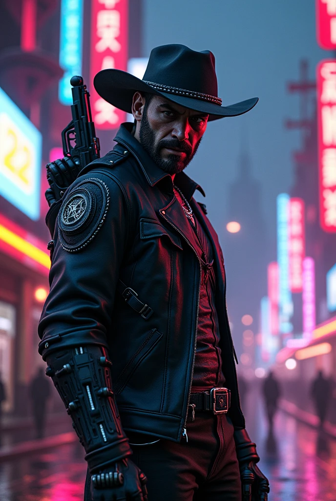 (Photorealism), cyberpunk cyborg cowboy pointing a gun in front
(pistol),
neon ligths