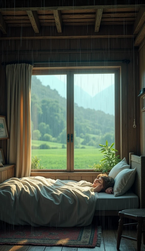 A large, comfortable bedroom with wooden beams and a window showing fields drenched by heavy rain. The peacefulness of the countryside, combined with the intense sound of rain, provides a perfect nap ambiance.