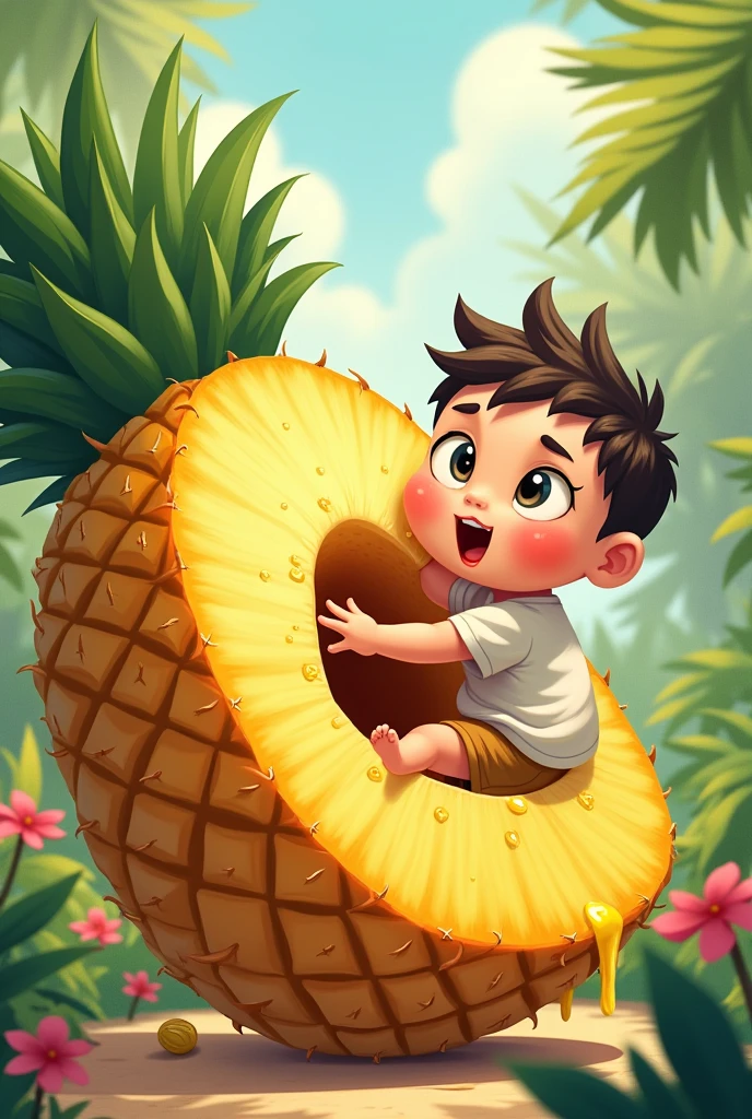 Draw me a picture , chubby boy eats super big pineapple