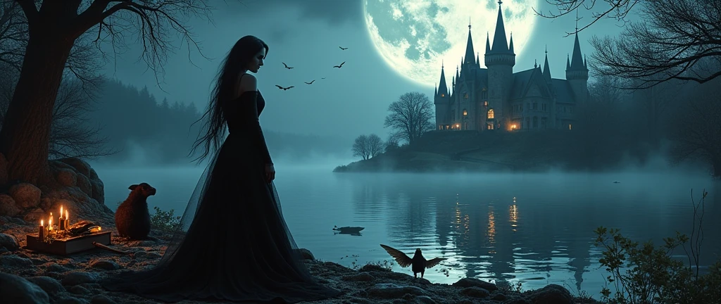 Dark and fantasy , detailed body of a sexy vampire woman , un chateau , a lake , fantastic animals , A book , spells 