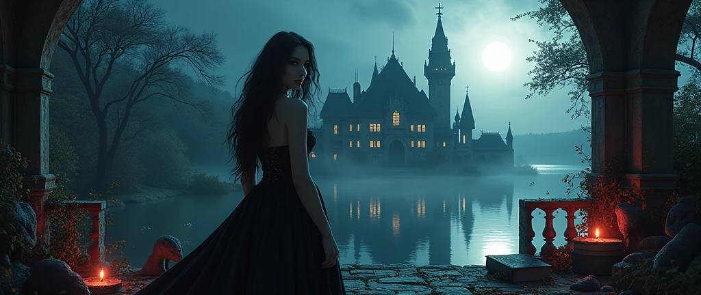 Dark and fantasy , detailed body of a sexy vampire woman , un chateau , a lake , fantastic animals , A book , spells