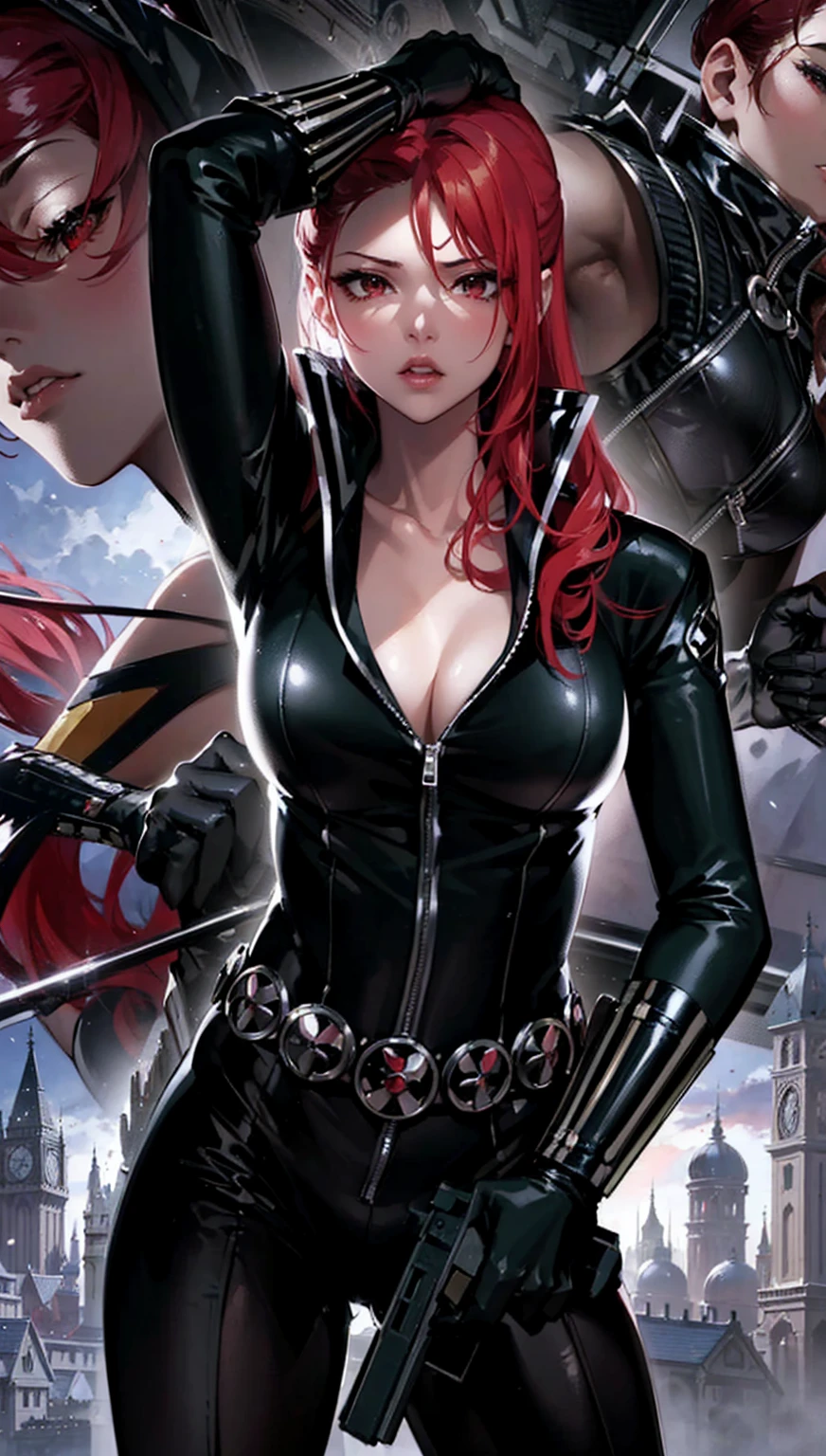 The image features a girl with long, bright red hair, dressed in a sleek skin-tight shiny black latex bodysuit with a deep-cut zipper neckline revealing a large chest, the silver zipper running down the front. The suit is complemented by her iron wrist guard on both wrists and a belt made of silver circles around her waist. She holds a gun in each hand in a ready position, while her other hand is touching her hair. Placed against a dark city backdrop, the scene includes buildings and might contain elements resembling a clock tower, suggesting an urban setting. This composition is emblematic of a superhero genre, highlighting central and ancillary characters, with an overtone of action and vigilance.