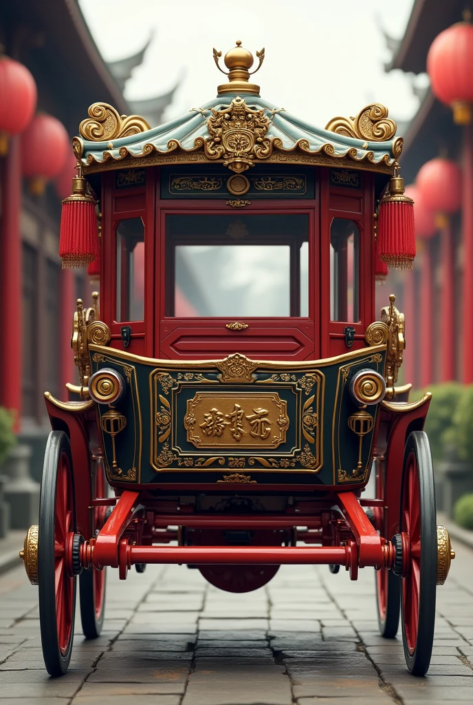 Chinese style horse carriage, front view, clear view of passenger compartment, have horse but don’t have human , angle about the same height as a horse's head.