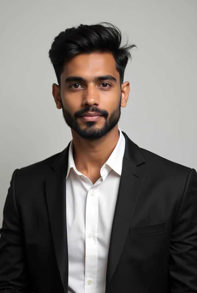 A young man same black color skin dressed in a black blazer over a white shirts light beard , short hair style Bangladeshi and color black and black eye for passport size picture.