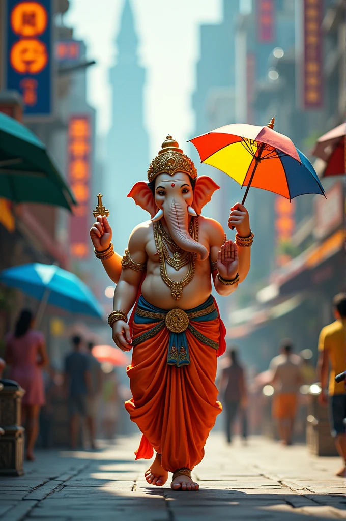 prompt:-"Imagine Ganesh Ji, the revered Hindu deity, strolling down a bustling road. He holds a colorful umbrella in his hand, which contrasts with his traditional attire and the lively urban backdrop. The scene blends the divine with the everyday, showcasing Ganesh Ji's serene presence amidst the modern world."