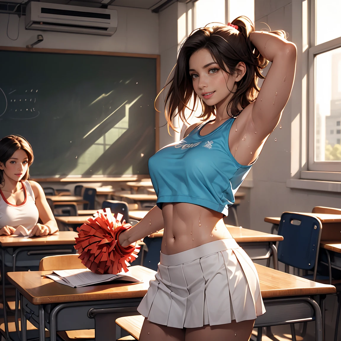 Pretty Caucasian (female), Sarah Shahi, a slim but muscular body, wearing a tank top that shows her underboob, smile, in classroom, wearing cheerleader short skirt, sneakers, front shot, exposed sweat wet thick thighs, pom pom in hand, standing on teachers table
