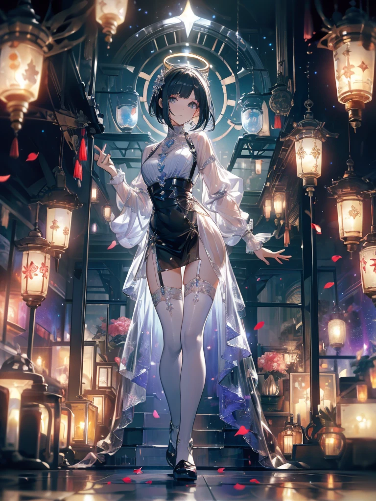 ((masterpiece, best quality)), Epic battlefield atmosphere，Angel，Royal sister，Halo，A display of fireworks and a sea of lanterns，Silver Bell Ice Heart，Magician，Petals falling，A meticulous face，Standing image，Perfect body proportions，Long legs，Stylish short hair，beautiful eyes，Fantasy style，White background，transparent，Sexy，Lace，Suspender mesh stockings
