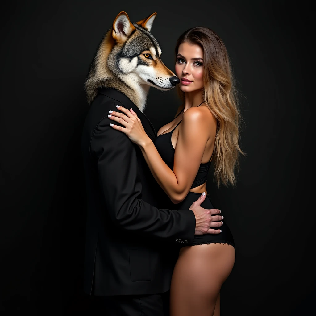 wolf wearing black suit, hugging woman in black lingerie, with huge breasts, with a shy smile, she looking at the camera, Photo studio