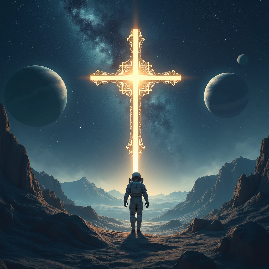 A cross, in outer space, constellations, stars , planets , an astronaut