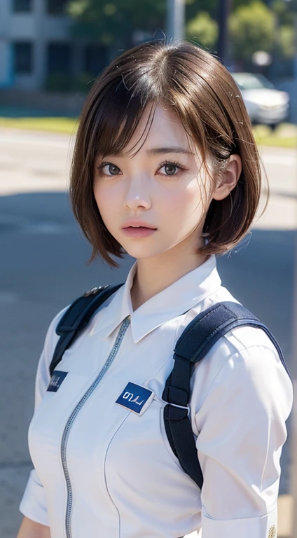 (Close-up:1.4)、(RAW Photos:1.2)、(Photorealistic:1.4)、(masterpiece:1.3)、(Highest quality:1.4)、(Beautiful woman with perfect body:1.4)、Beautiful female soldier、Wearing a suit、Beautiful young Japanese woman、Highly detailed face and skin texture、Small, large eyes、double eyelid、Cute Face、(Short Bob:1.2)、Storm and epic war scenes、cyber punk、（Plug Suit）、((Navy and white futuristic police uniform)), Perfect quality,, Stunning beauty,, Small breasts, (High quality anime), Standing on the street by the river next to the village, Please place your hand on your chest, Looking at the audience, Gauntlet. Short hair blowing in the wind, , Bright lightning.Gun holder on the waist
