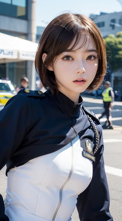 (Close-up:1.4)、(RAW Photos:1.2)、(Photorealistic:1.4)、(masterpiece:1.3)、(Highest quality:1.4)、(Beautiful woman with perfect body:1.4)、Beautiful female soldier、Wearing a suit、Beautiful young Japanese woman、Highly detailed face and skin texture、Small, large eyes、double eyelid、Cute Face、(Short Bob:1.2)、Storm and epic war scenes、cyber punk、（Plug Suit）、((Navy and white futuristic police uniform)), Perfect quality,, Stunning beauty,, Small breasts, (High quality anime), Standing on the street by the river next to the village, Please place your hand on your chest, Looking at the audience, Gauntlet. Short hair blowing in the wind, , Bright lightning.Gun holder on the waist
