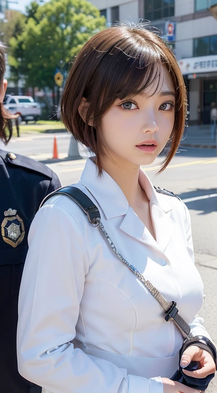 (Close-up:1.4)、(RAW Photos:1.2)、(Photorealistic:1.4)、(masterpiece:1.3)、(Highest quality:1.4)、(Beautiful woman with perfect body:1.4)、Beautiful female soldier、Wearing a suit、Beautiful young Japanese woman、Highly detailed face and skin texture、Small, large eyes、double eyelid、Cute Face、(Short Bob:1.2)、Storm and epic war scenes、cyber punk、(Plug Suit)、((Navy and white futuristic police uniform)), Perfect quality,, Stunning beauty,, Small breasts, (High quality anime), Standing on the street by the river next to the village, Please place your hand on your chest, Looking at the audience, Gauntlet. Short hair blowing in the wind, , Bright lightning.Gun holder on the waist