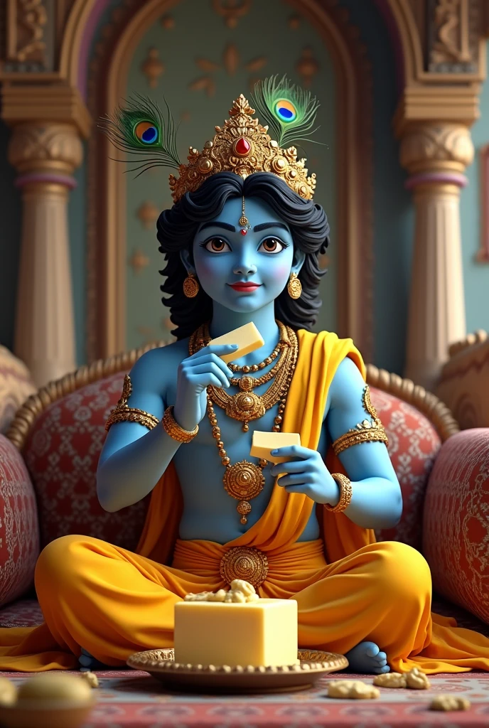 Create an 3d anime realistic image of Sri Krishna eating butter in a room .Sri Krishna being blue skinned wearing yellow dhoti and sash Wearing different jwellery ornament, having peacock feather on crown