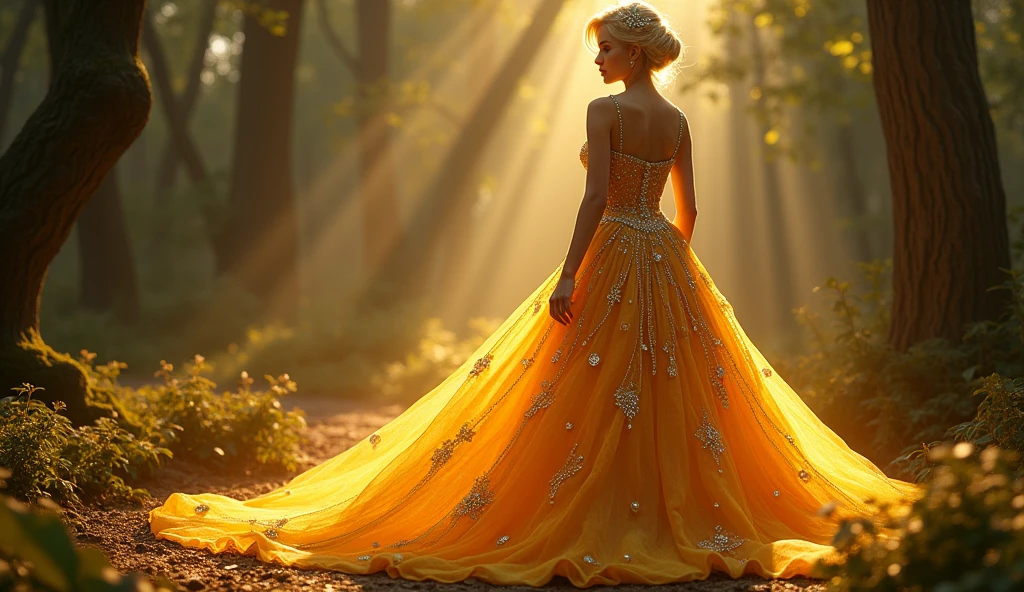 The forest witch uses magic to transform Aila's old dress into a bright golden evening gown and golden shoes.,Cinderella,Cinderella,Yandere,Blonde,Retro Hairstyle,Diamond Hair Accessories,Blue shoes,Crystal slippers