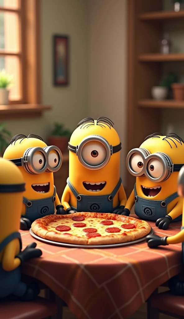 The other Minions sat around the table., smile and try Kevin's pizza, express joy and encouragement.