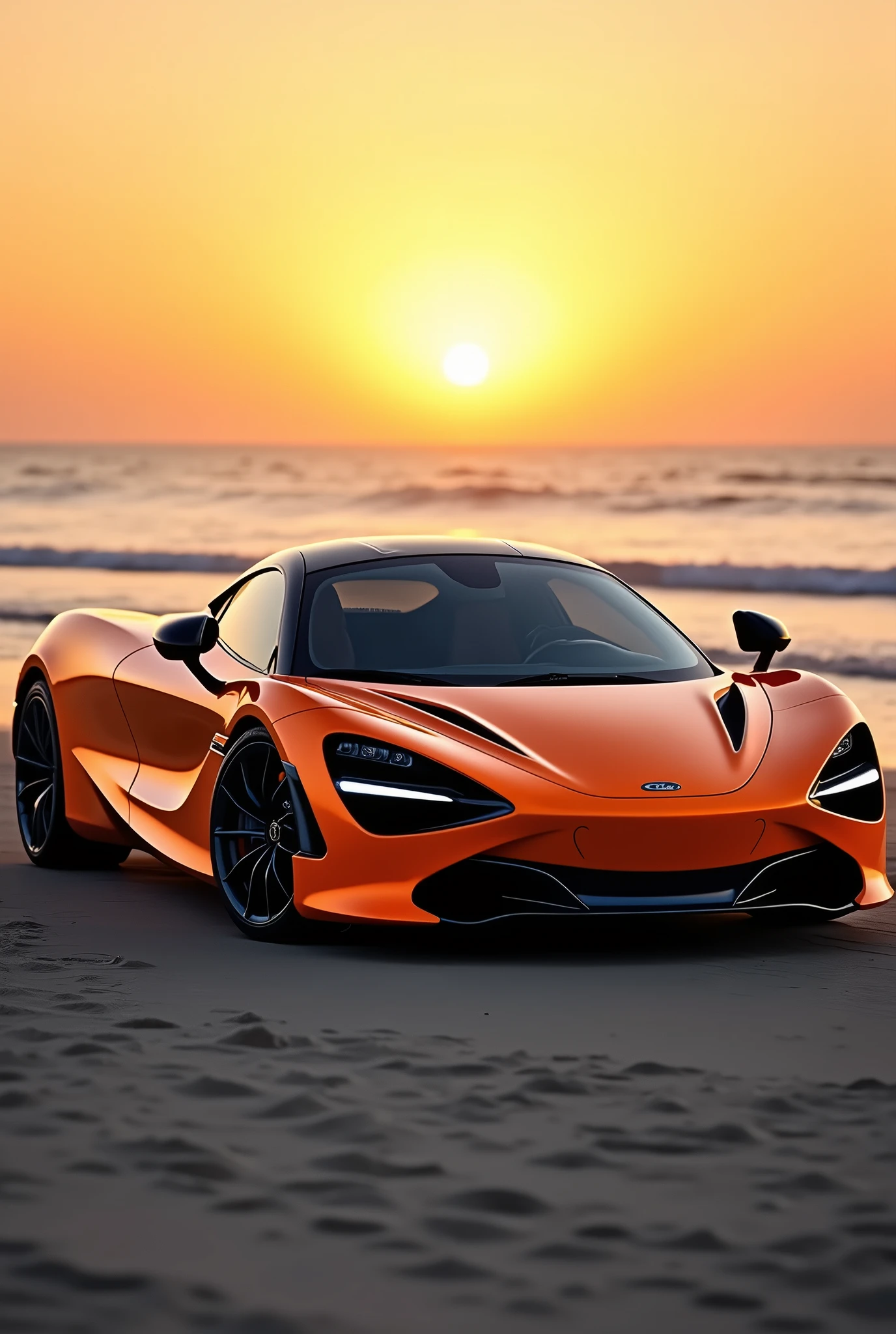 A stunning photograph of a vibrant orange McLaren 720s automobile, prominently displayed on a serene beach during sunset. The car's sleek design, black rims, and polished surface are accentuated by the warm, golden glow of the setting sun. The background reveals a distant horizon, with the sun dipping below the waterline and casting a reflection on the calm ocean. The overall mood of the image is sophisticated and luxurious, evoking a sense of power and freedom as the car dominates the tranquil beach setting., cinematic, vibrant, photo