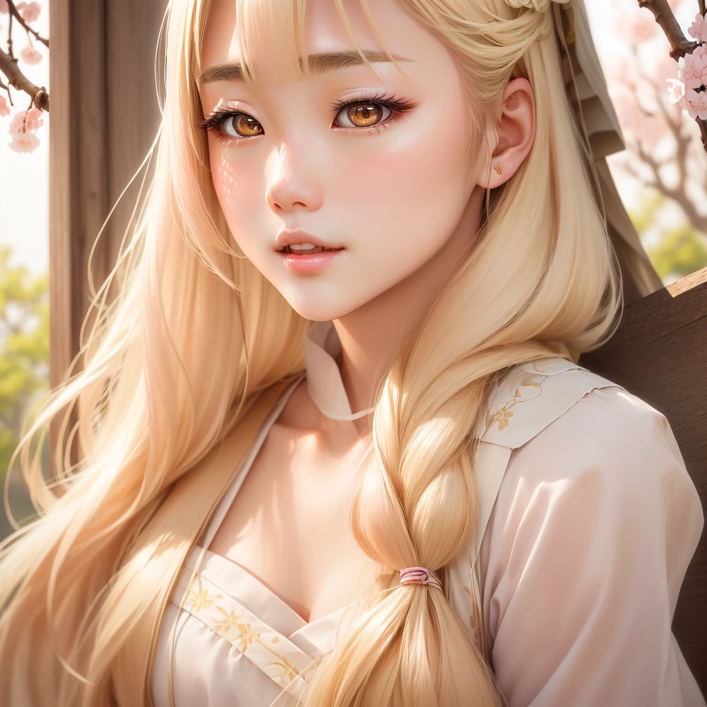 A beautiful Japanese girl in her 20s。With long, flowing blonde hair、The skin is fine and smooth、Have delicate white skin。Large, attractive almond-shaped eyes、Perfectly shaped small nose、Have plump lips that are a natural pink color。With a light and airy background、It emphasizes her youth and beauty.
